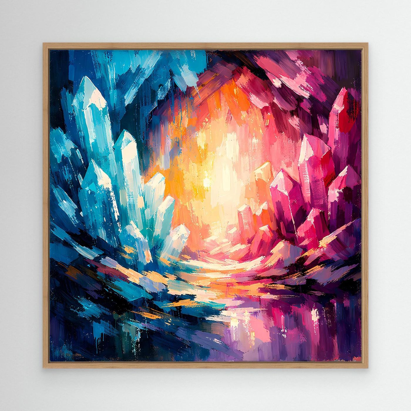 Oak-framed abstract canvas wall art with blue, pink, and orange crystal burst