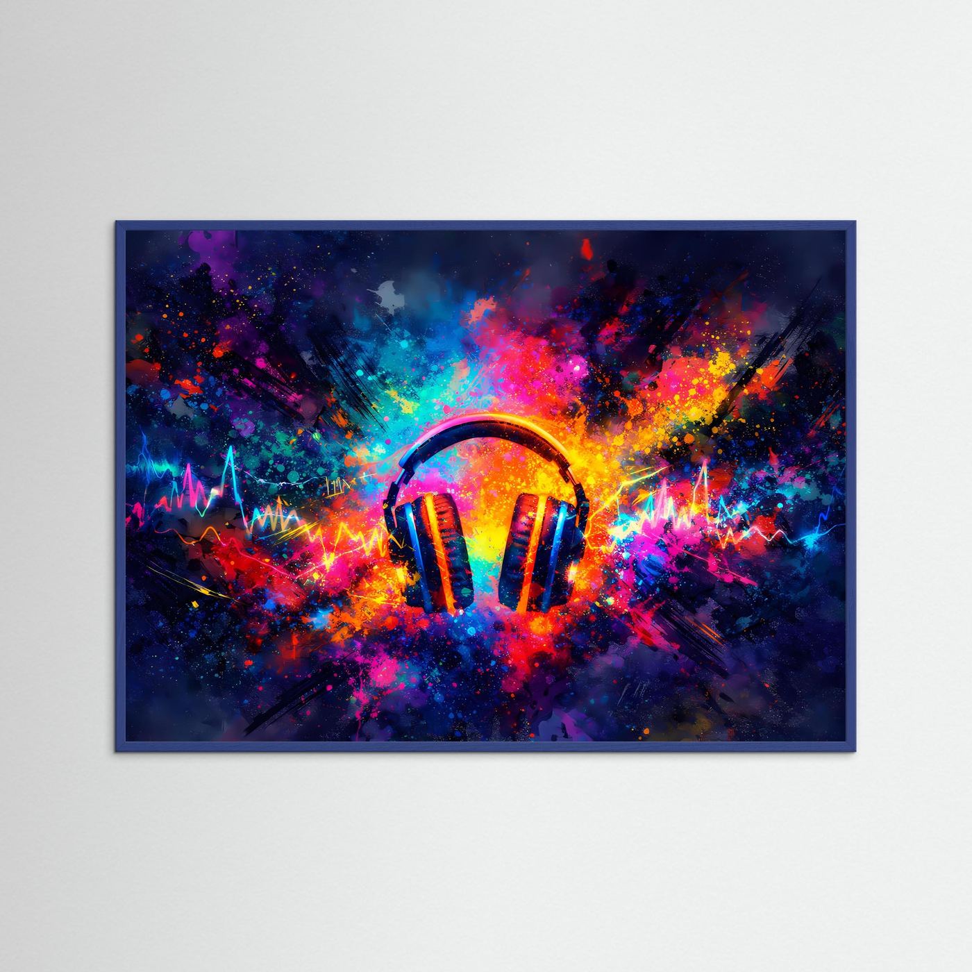 Musikposter Querformat mit bunten Kopfhörern, in blauem Rahmen