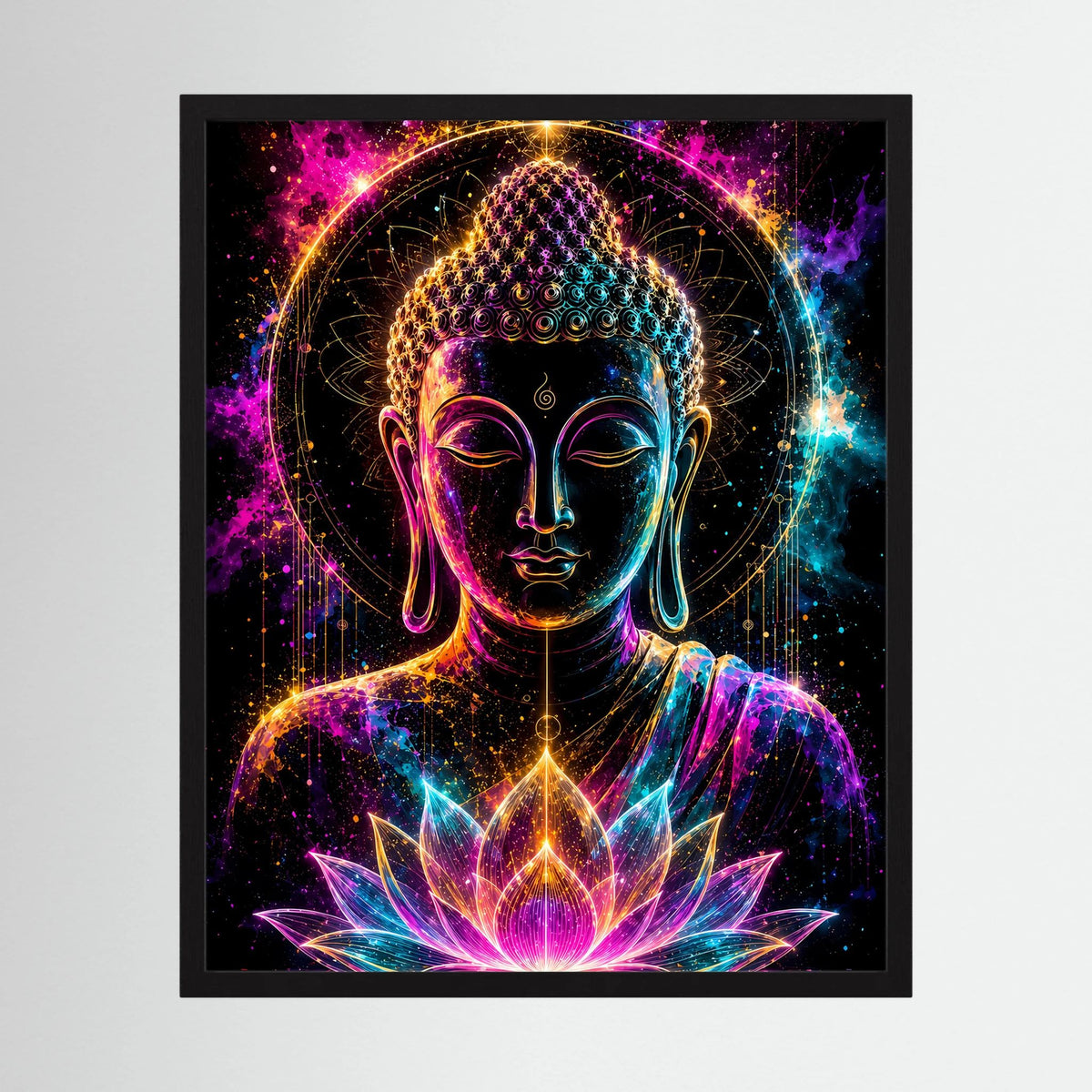 Neon-Kunstposter mit Buddha-Gesicht in Pink/Türkis und Gold, schwarze Einfassung und leuchtender Lotus