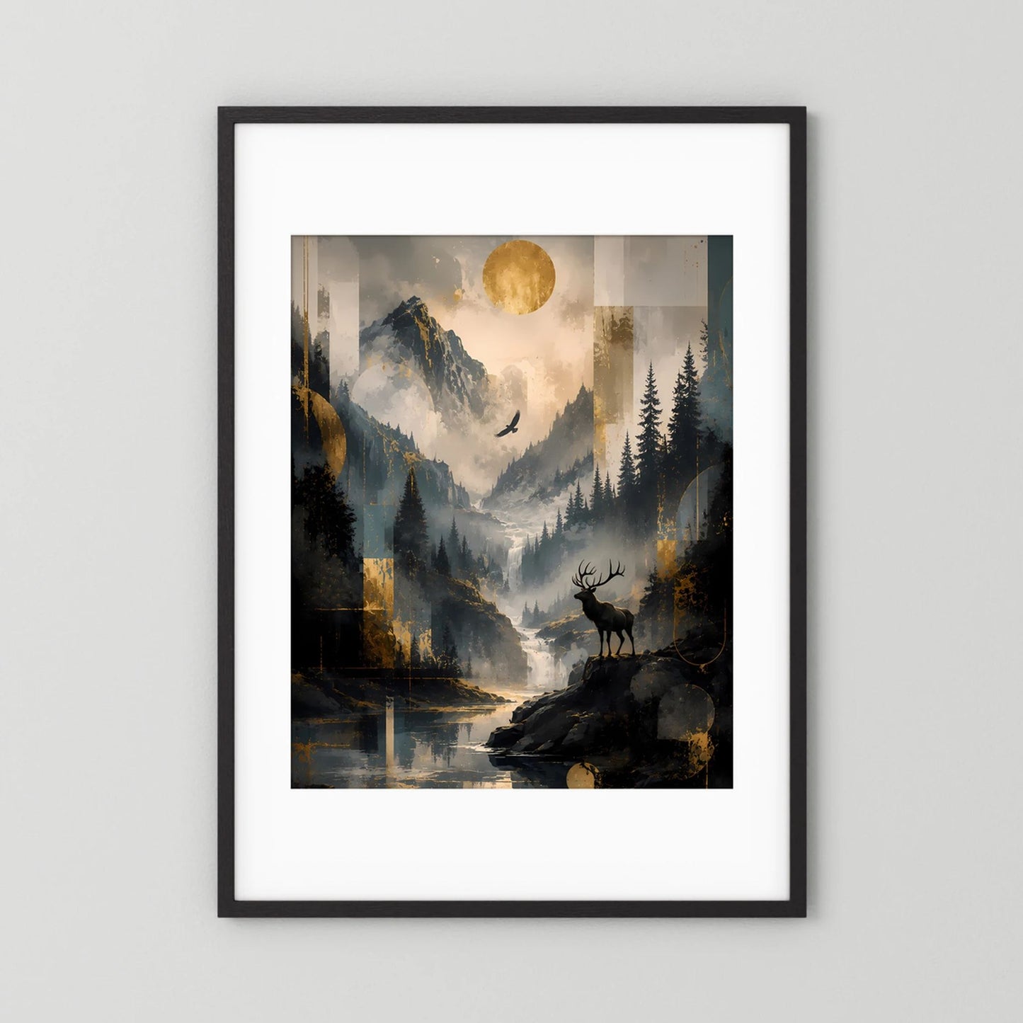 Hochformatiges Poster mit Hirsch, Mond über Berglandschaft, weißer Rand, schwarzer Rahmen