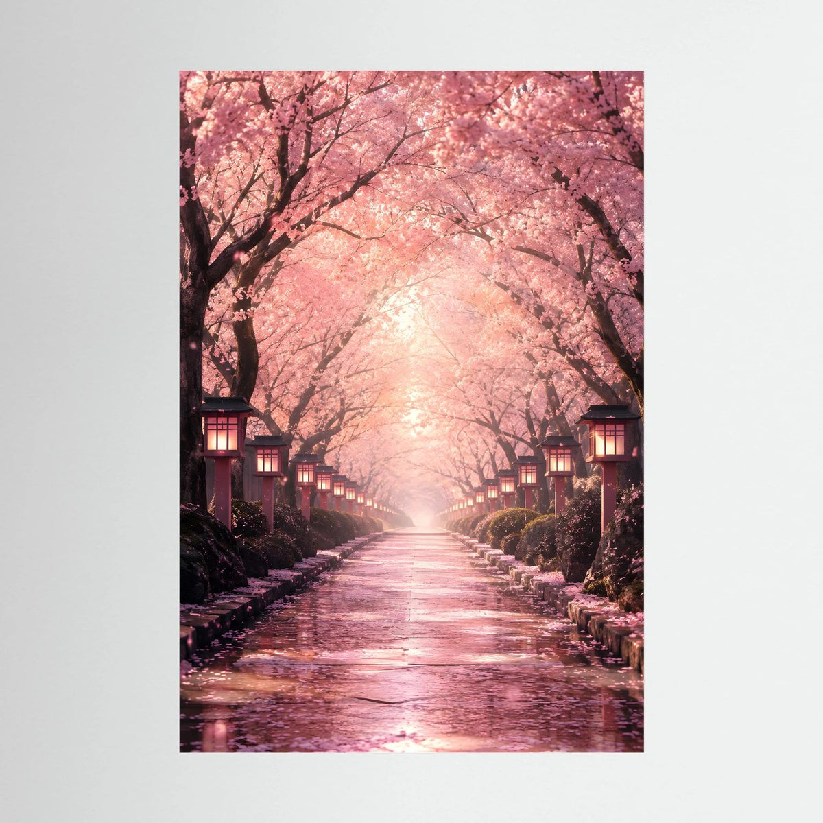 Wandposter, hochkant: Kirschblütenallee in Rosa mit Laternen und beleuchtetem Weg