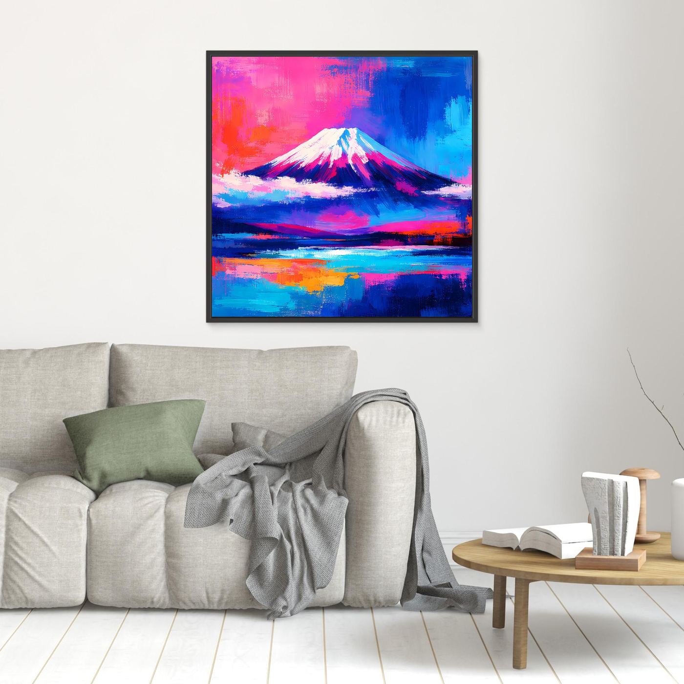 Leinwandbild Abstrakter Fuji bei Sonnenuntergang | Farbenfrohes Berg Wandbild auf echtem Holzkeilrahmen