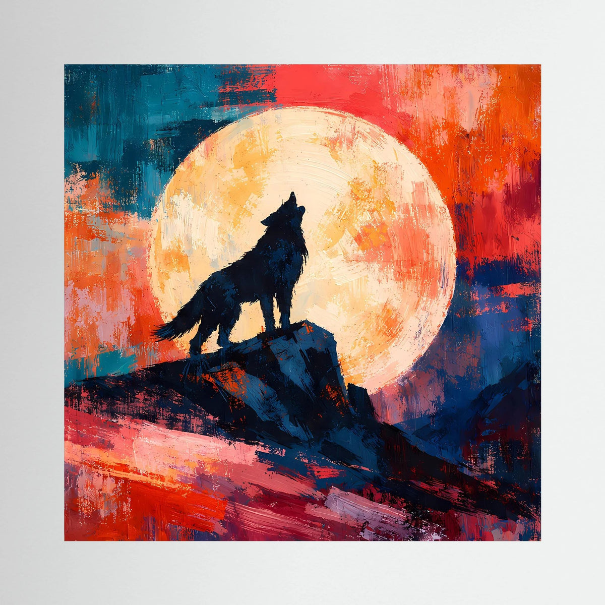 Leinwand Abstraktes Wolf Gemälde | Modernes Mystisches Wandbild Heulender Wolf Vollmond