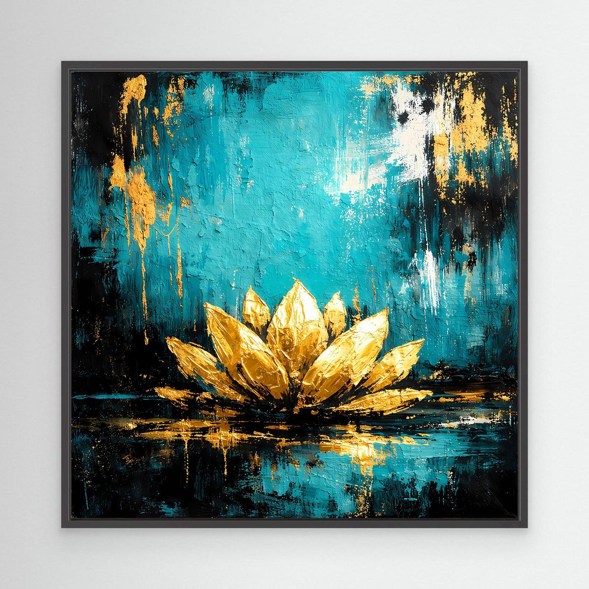 Abstraktes Leinwand-Wandbild mit goldener Lotusblüte auf Türkis, im schwarzen Rahmen.