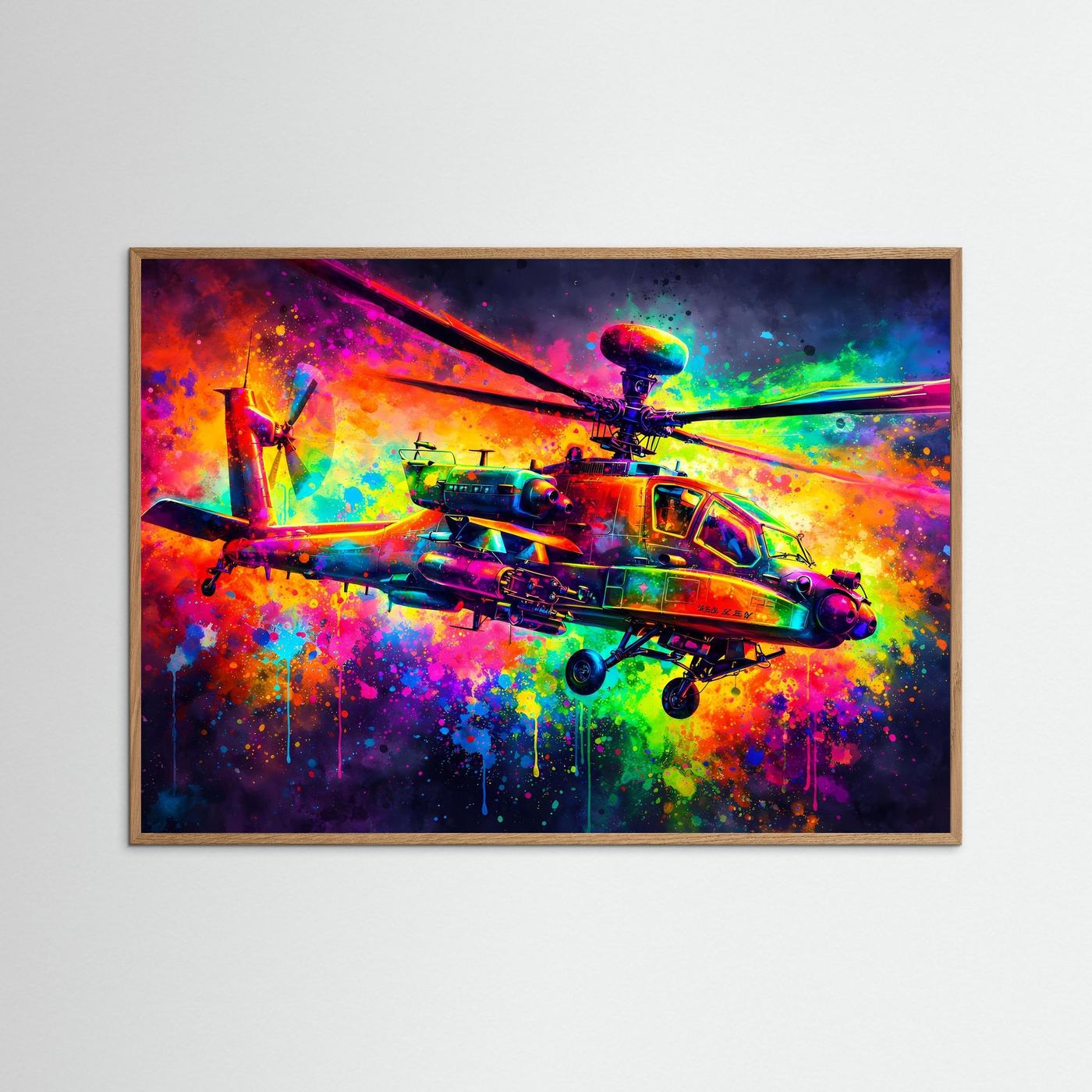 Gerahmtes Poster mit Kampfhubschrauber-Design in Neonfarben und Spritzoptik