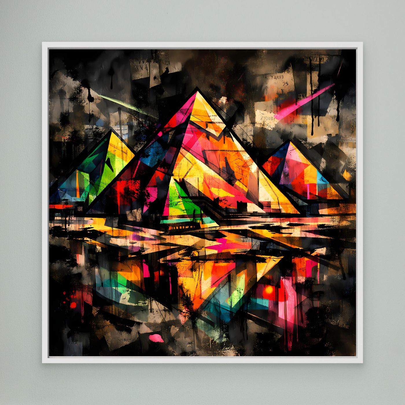Leinwandbild mit farbigen Graffiti-Pyramiden im Street-Art-Stil, weißer Rahmen