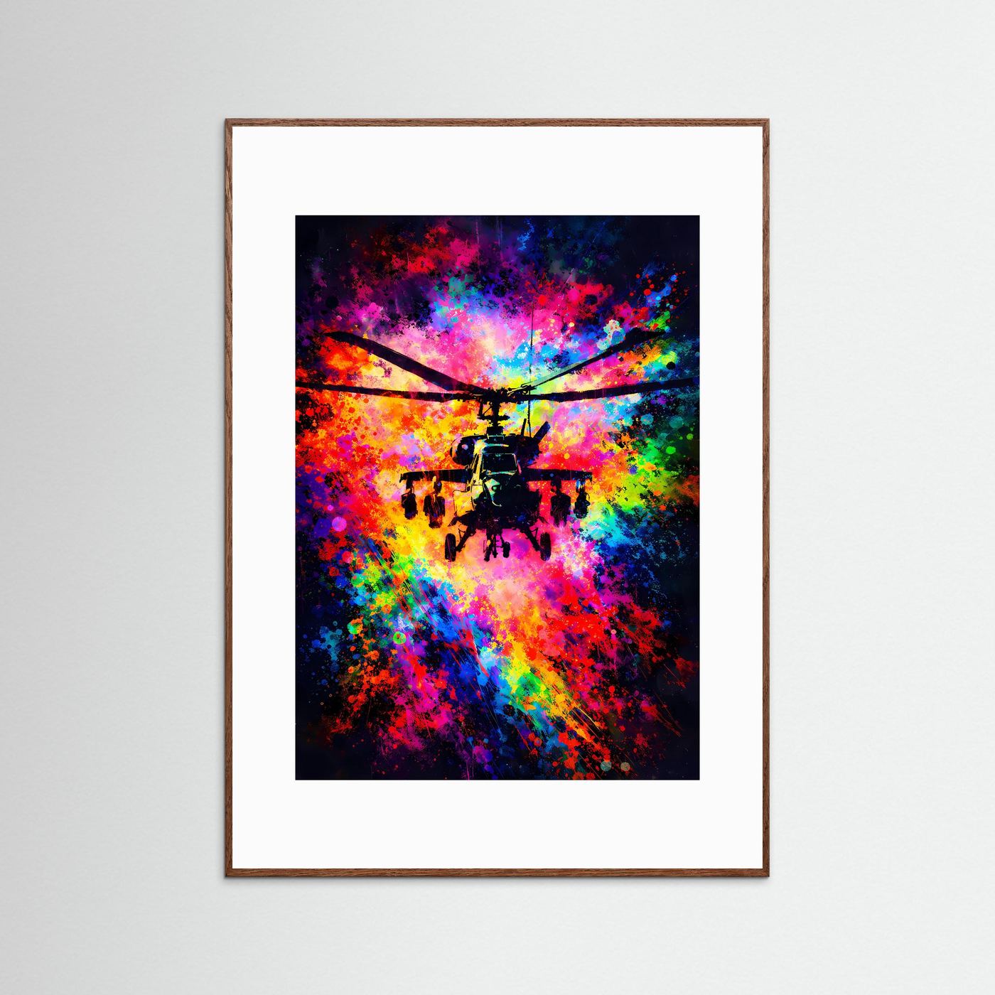 Explosive Dynamik | Helikopter Poster in bunten Neon-Farben & Graffiti-Optik | Abstraktes Kunstposter Hochformat