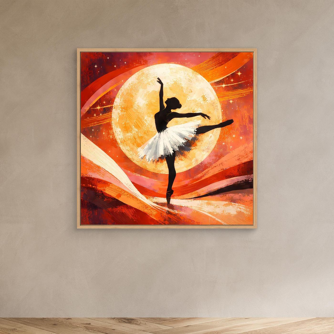 Leinwandbild mit Ballerina-Silhouette vor gelber Mondsichel, brauner Rahmen, an der Wand