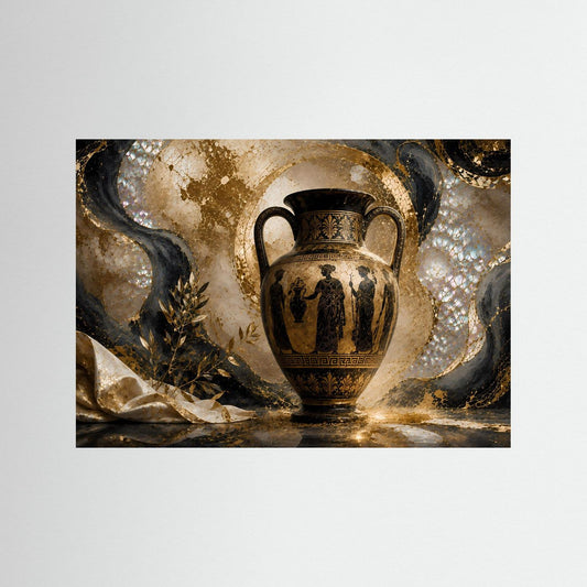 Antike griechische Amphore in Gold und Schwarz auf Kunstprint, schwarzer Rahmen