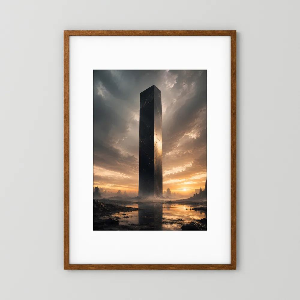Hochformatiges Poster mit schwarzem Monolithen vor Sonnenaufgang, brauner Holzrahmen