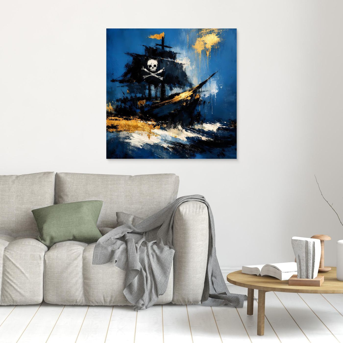 Piratenschiff-Leinwandbild mit Totenkopf, blau-schwarzer Abstraktion und goldenen Akzenten, klein