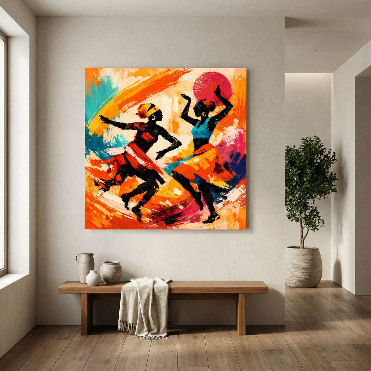 Leinwandbild mit zwei tanzenden Figuren, orange-blaue Farbflecken und roter Kreisform im Hintergrund