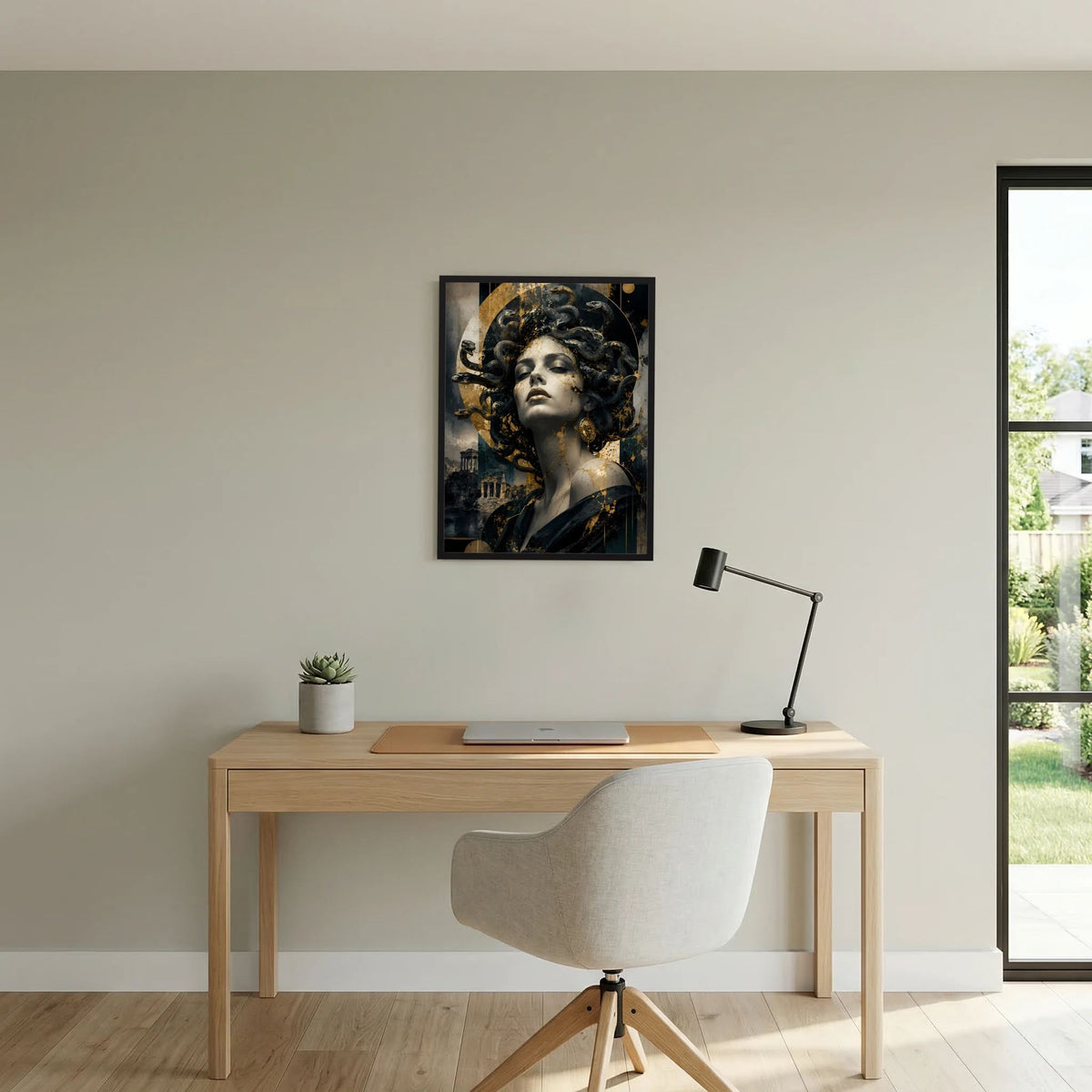 Wandposter im Hochformat: Frauengesicht mit dunklen Schlangenlocken, goldene Ornamente im Hintergrund