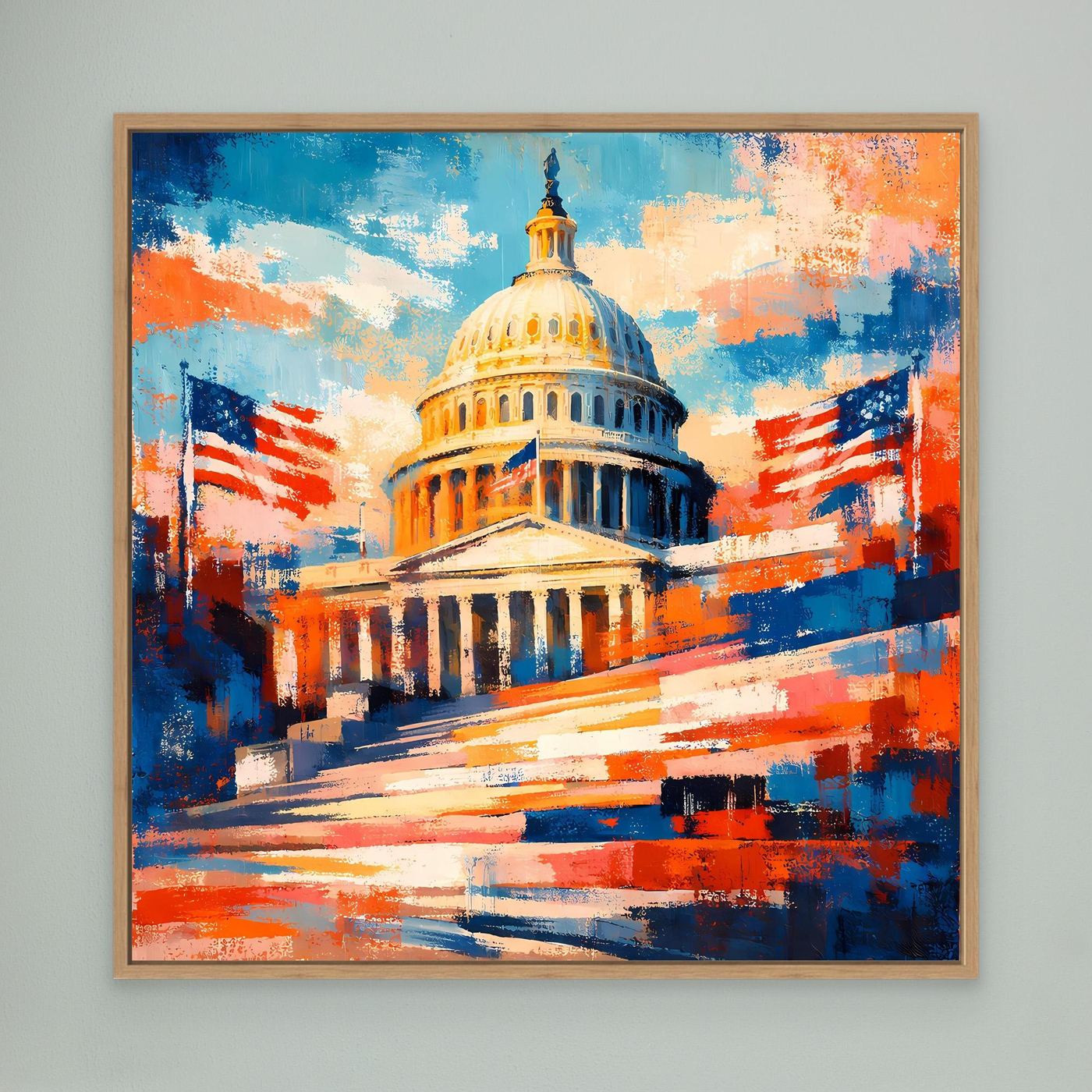 Abstraktes Leinwandbild mit US-Kapitol-Dom in Gold und US-Flaggen, Blau-Orange Pinselstriche, Holzrahmen.