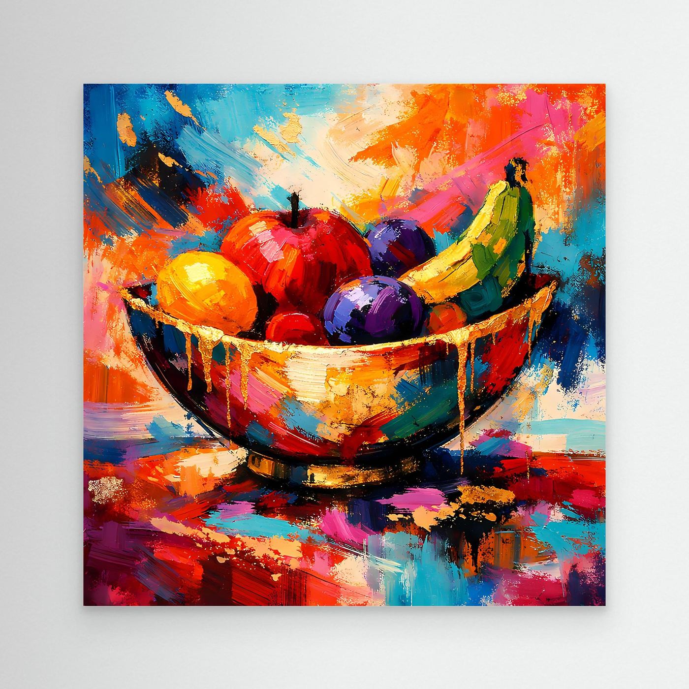 Leinwandbild mit bunter Obstschale: gemalte Früchte im abstrakten Stillleben, kräftige Farben.