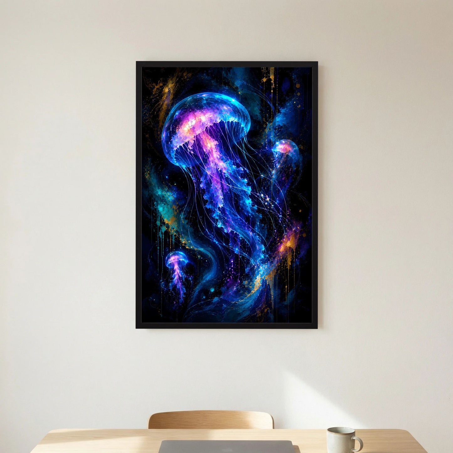 Hochkant-Wandposter mit leuchtenden Quallen in Neonblau/Violett, schwarzer Rahmen