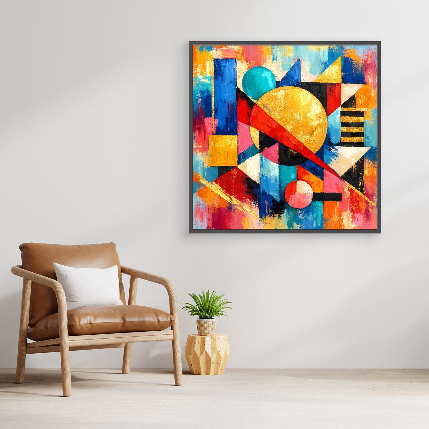 Leinwandbild mit schwarzem Rahmen, abstrakte geometrische Formen in Blau, Rot, Gelb
