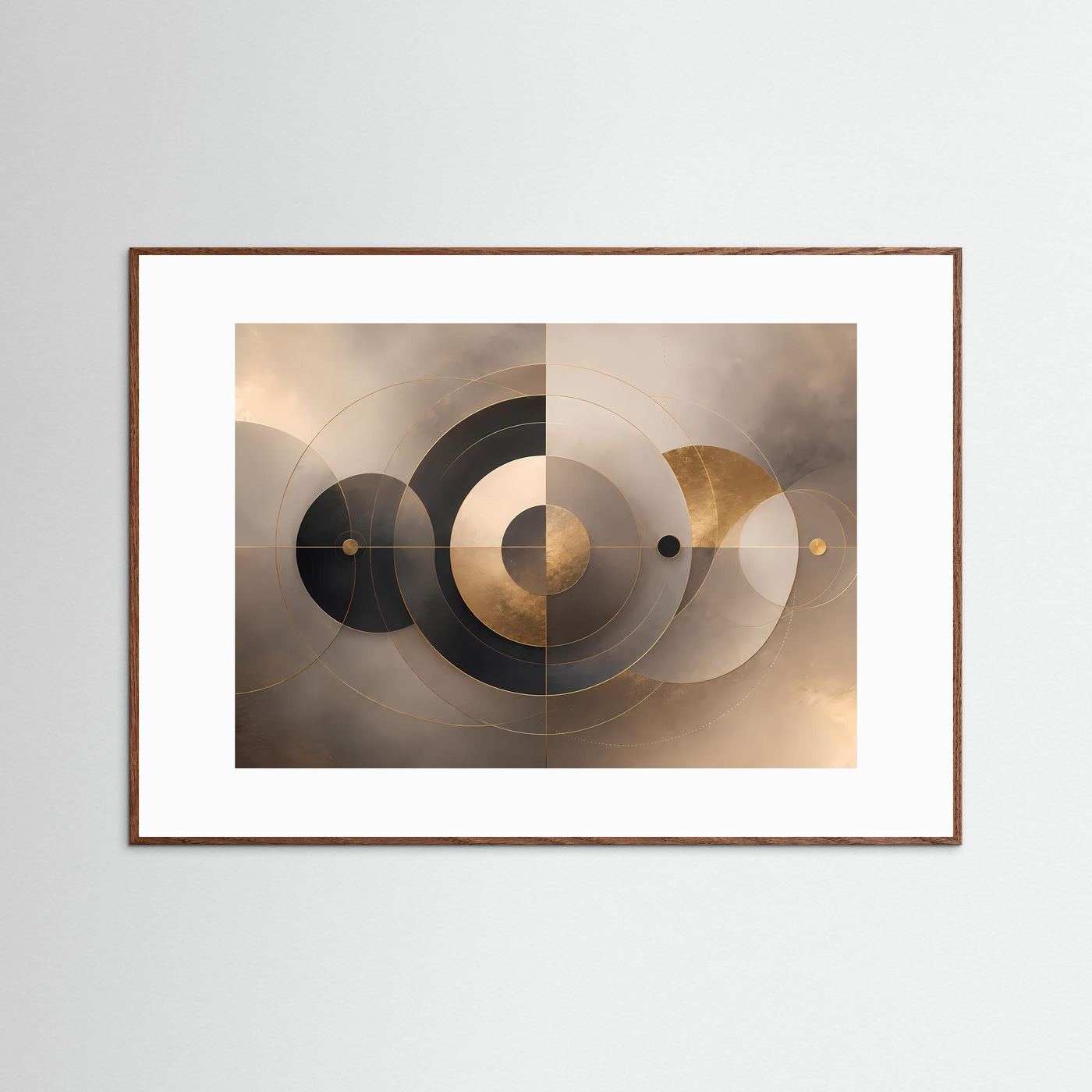 Gerahmtes Poster mit abstrakten Kreisen in Beige, Gold und Schwarz, hellbrauner Holzrahmen