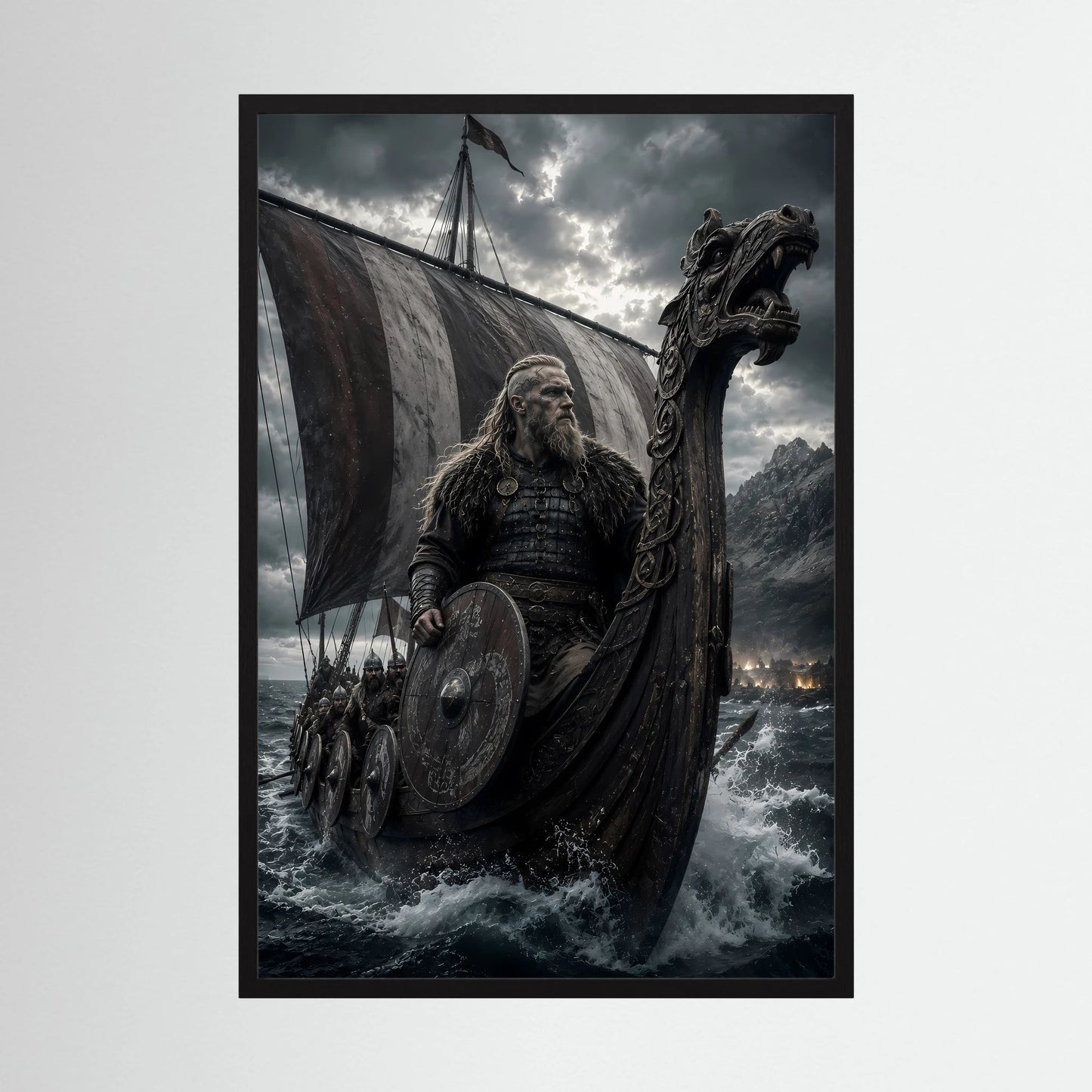 Poster mit Wikinger-Krieger, Schild und Drachenschiff im schwarzen Rahmen