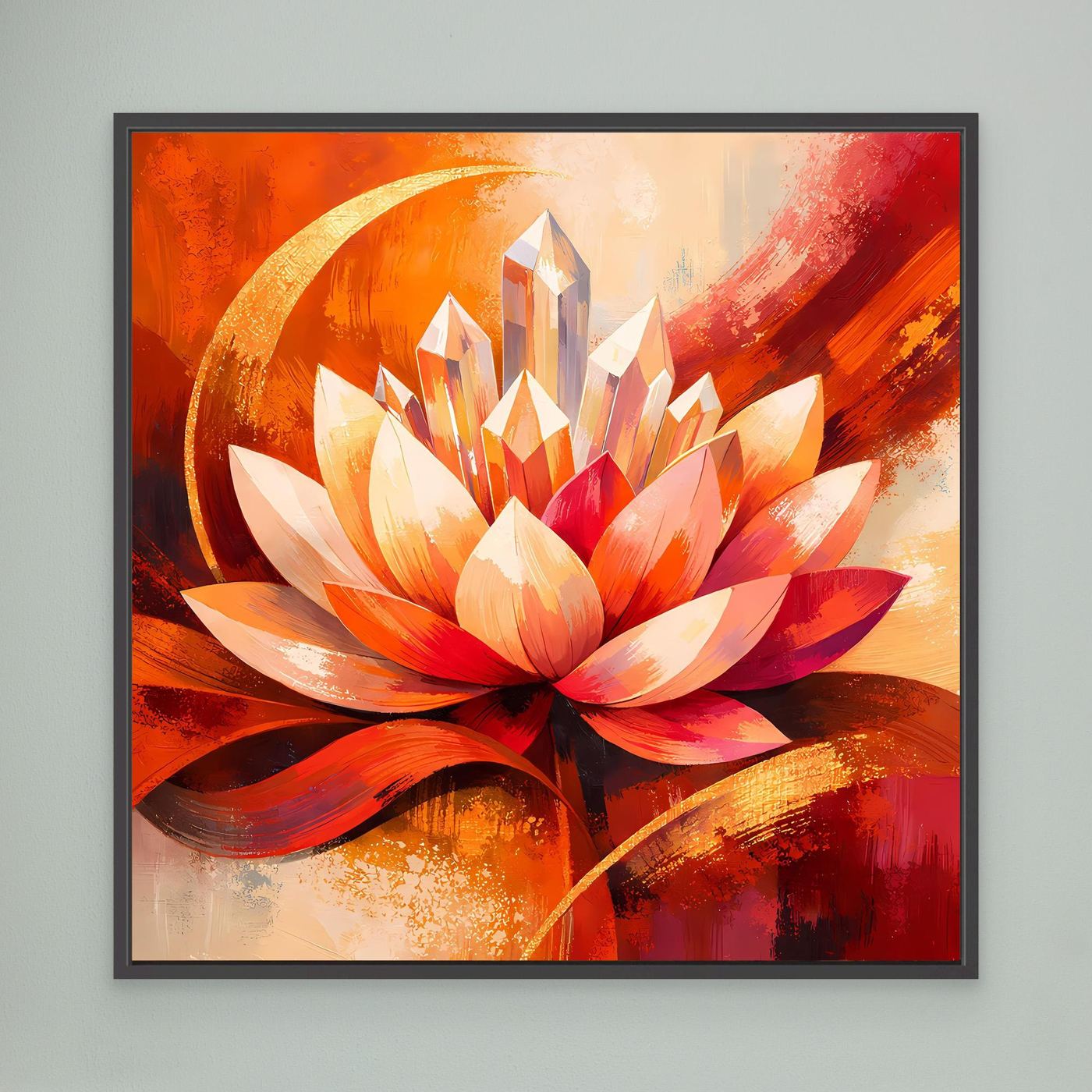 Leinwandbild mit Lotusblüte in Orange und Rot, schwarzer Rahmen