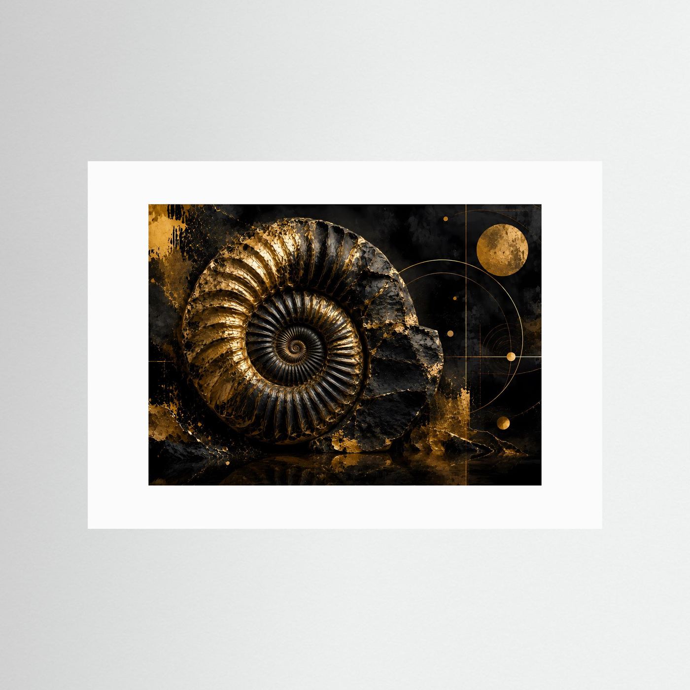 Querformat-Poster mit goldenem Ammonit auf dunklem Hintergrund, Kreislinien und goldenen Punkten, Weißrand