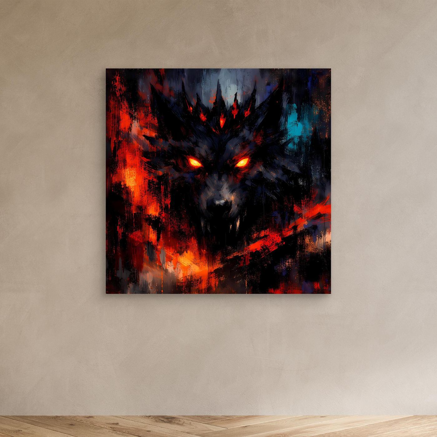 Abstraktes Leinwand-Wandbild mit Schattenwolf, leuchtenden Augen in Rot, Blau und Schwarz