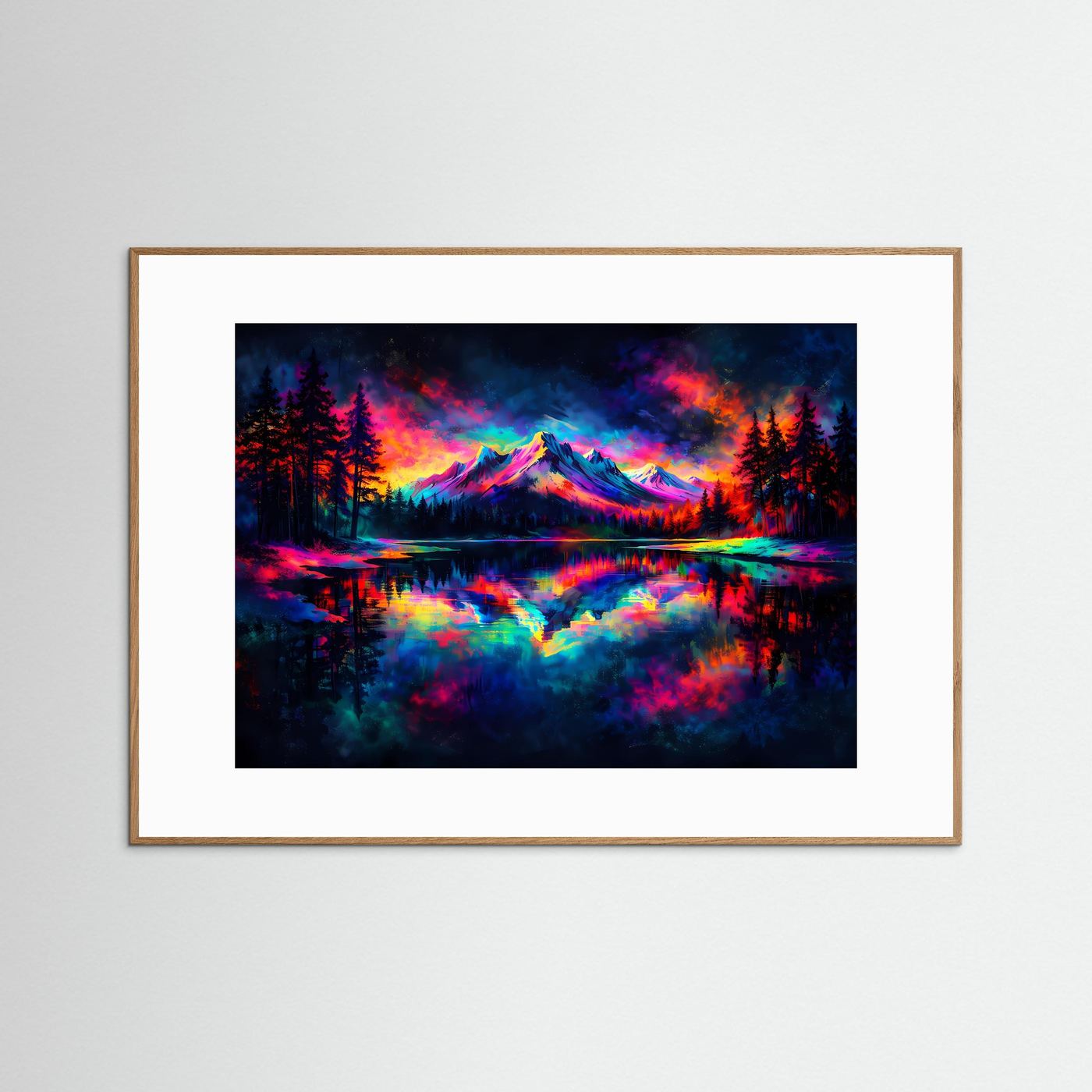 Pop-Art-Naturposter mit Gebirgslandschaft am See, farbiges Bergmotiv, brauner Holzrahmen