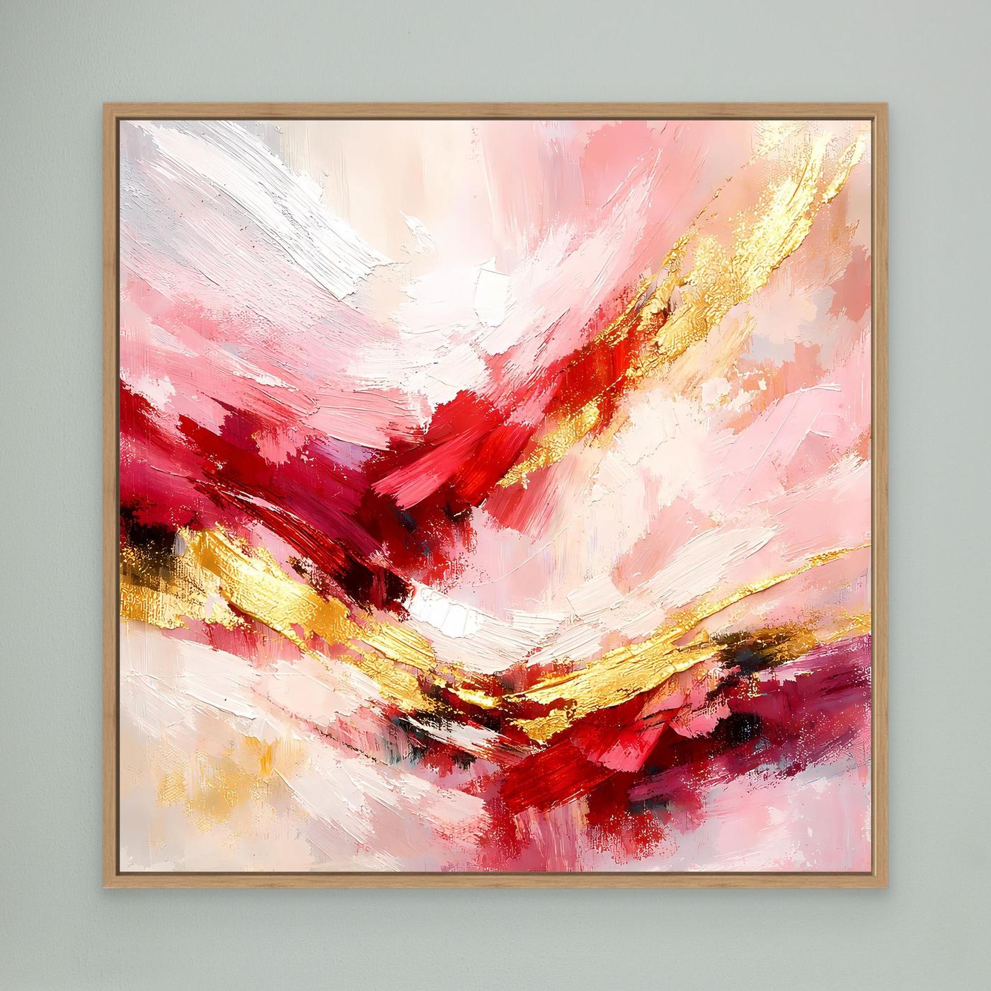 Abstraktes Leinwandbild mit rosa-roten Pinselstrichen und goldenen Akzenten, Holzrahmen