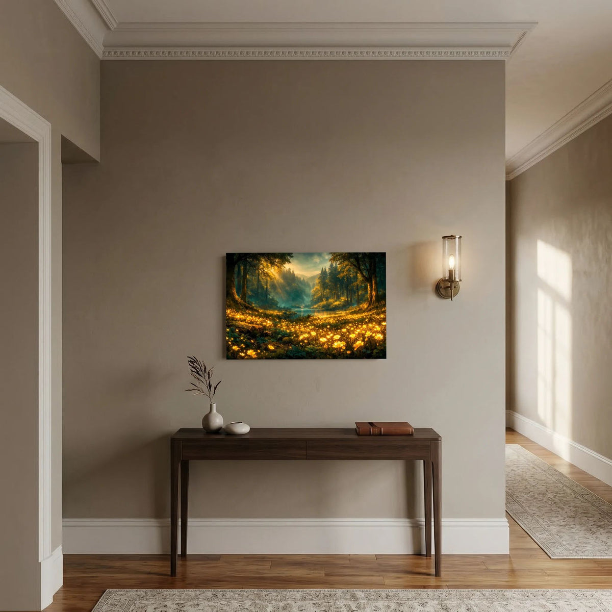 Querformat-Wandposter mit Waldtal und goldenen Lichtpunkten, ohne sichtbaren Rahmen