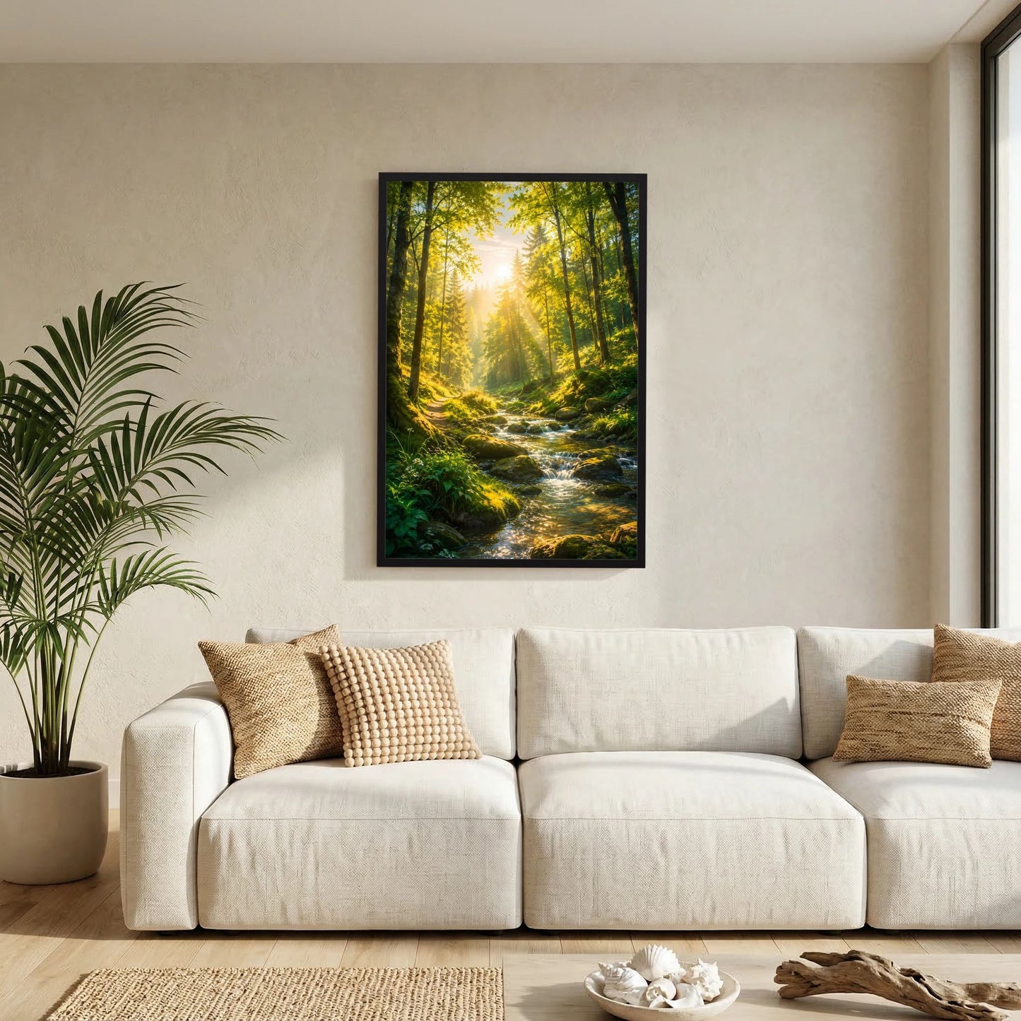 Poster mit schwarzem Rahmen und Waldbach im grünen Wald, Sonnenstrahlen, Hochformat