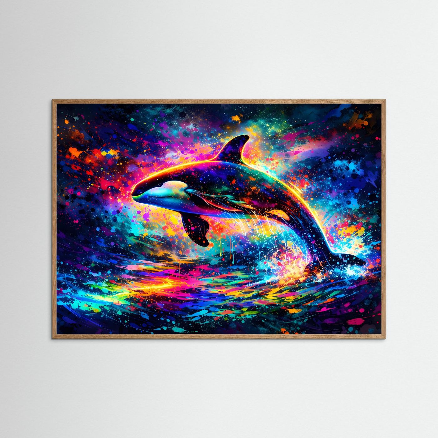 Neon-Orca-Wandposter im Querformat, hellbrauner Holzrahmen
