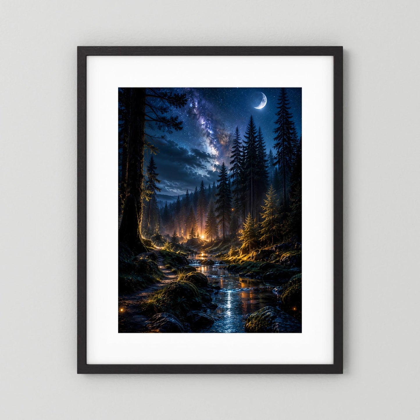 Poster Hochformat mit schwarzem Rahmen und weißem Passepartout: Waldnacht, Bachlicht