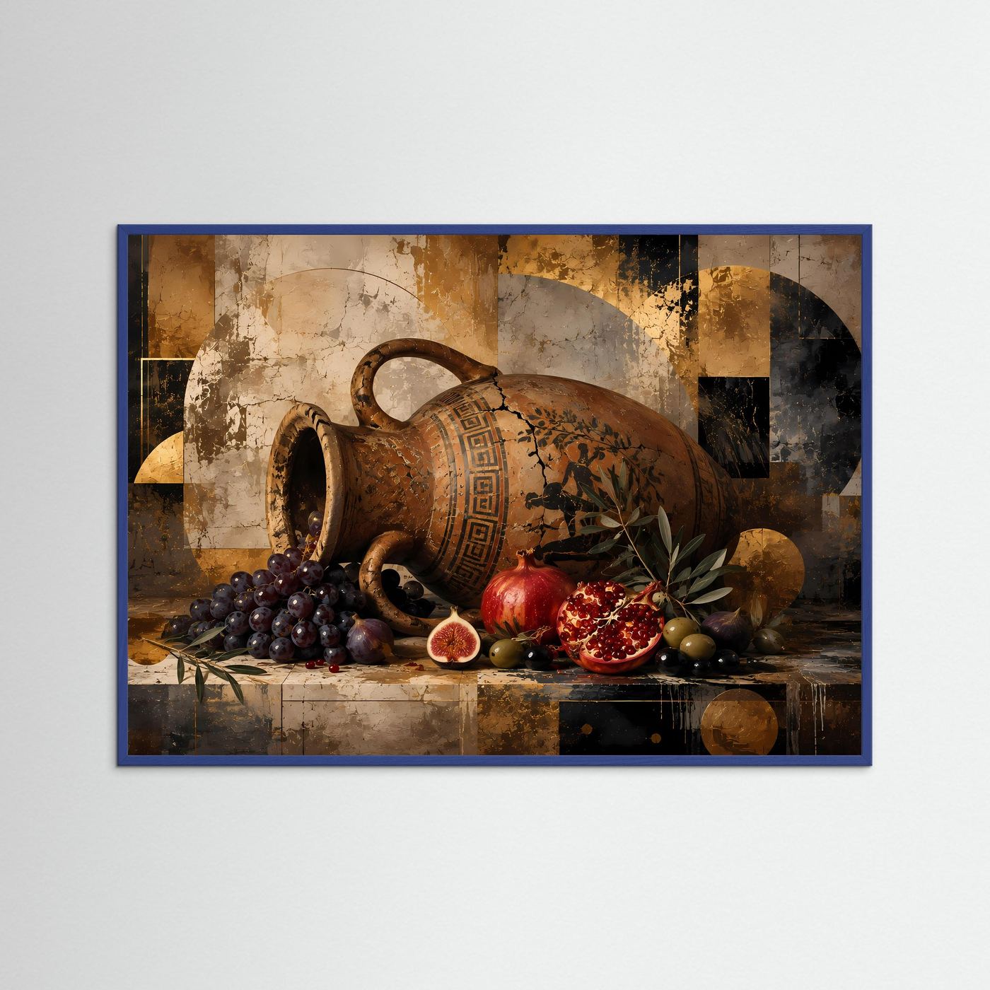 Poster mit brauner Amphore, Granatapfel und Trauben in blauem Rahmen
