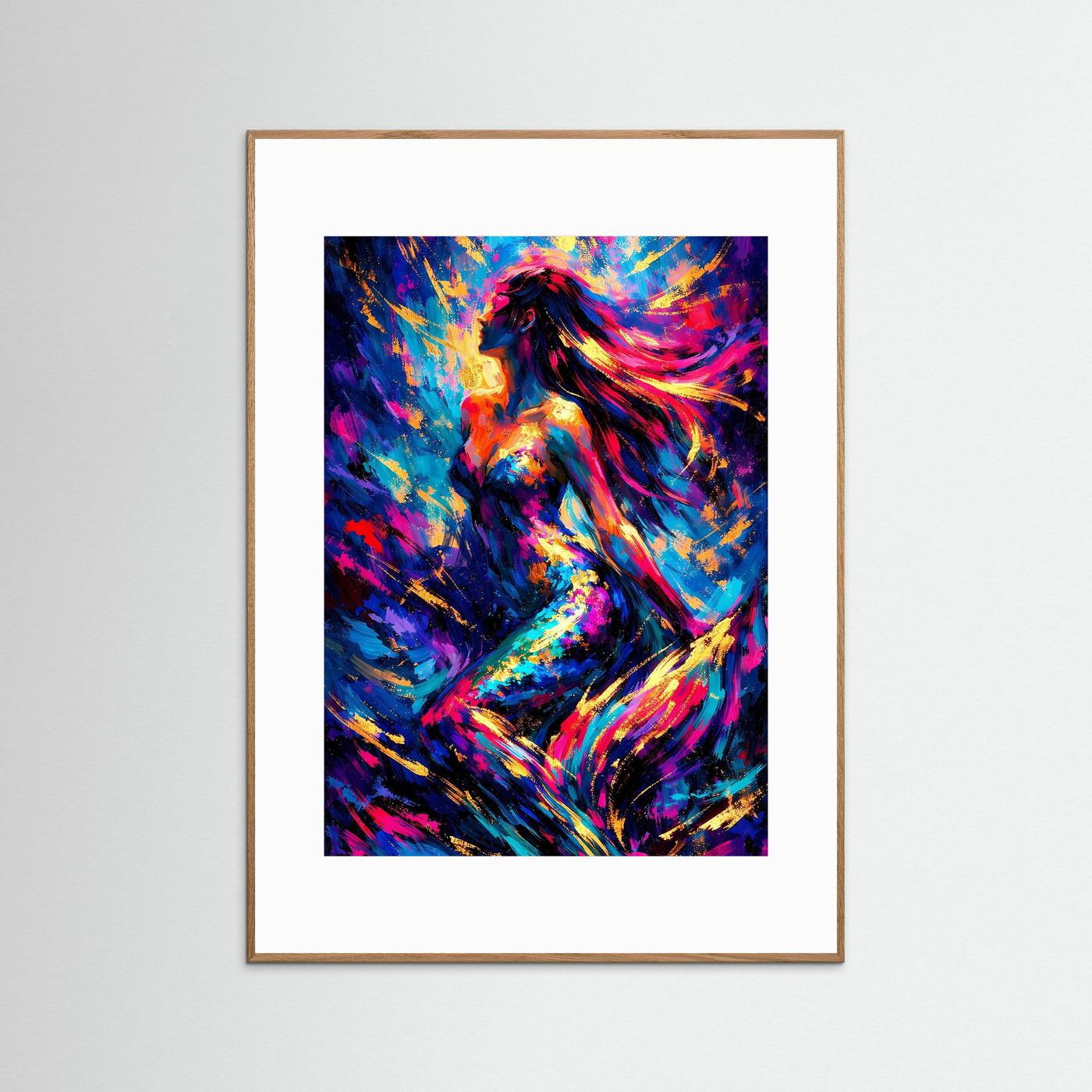 Silhouette-Kunstposter: abstrakte Frau in Neonfarben, goldene Akzente, brauner Holzrahmen