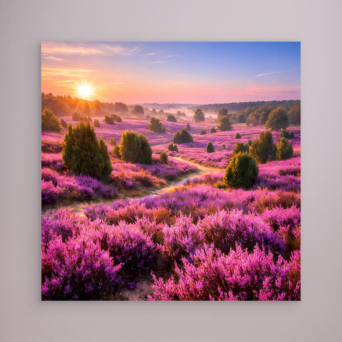 Leinwandbild mit blühender Heidekraut-Landschaft, Sonnenaufgang, ohne sichtbaren Rahmen