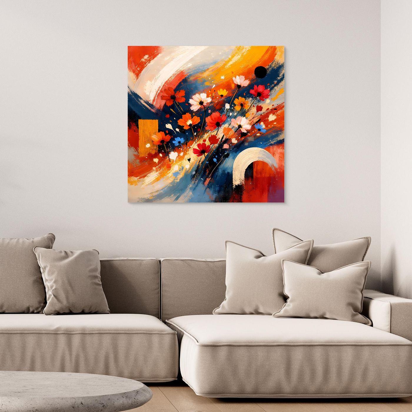 Leinwandbild mit abstraktem Blumenmeer: rote, blaue & orange Blüten, ohne Rahmen