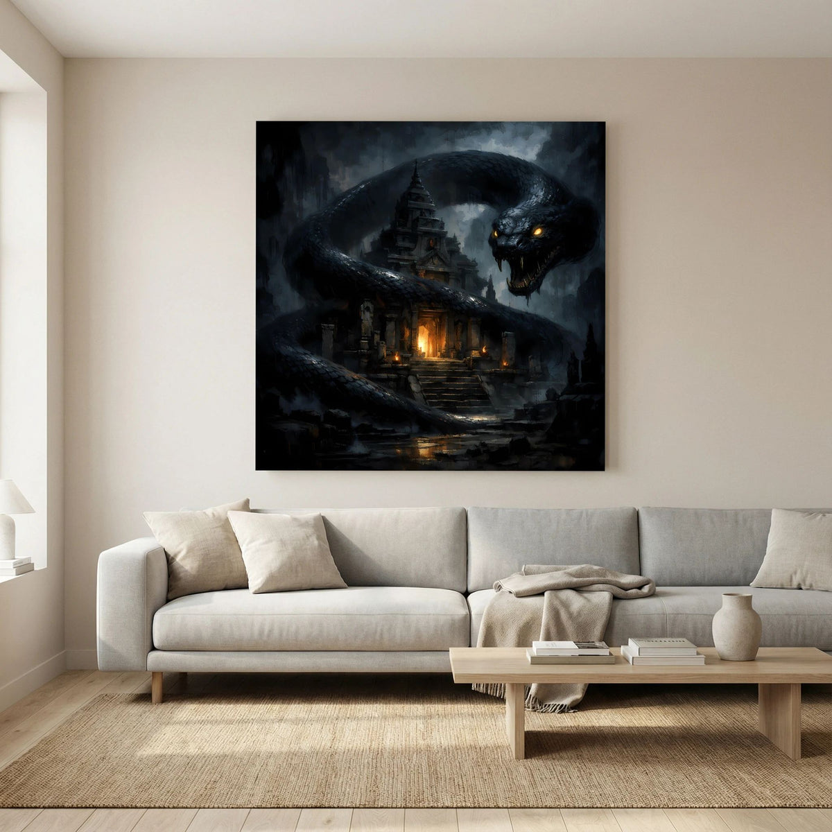 Leinwand-Wandbild mit Schlange im Kreis, Tempeltreppe und leuchtender Eingangshalle