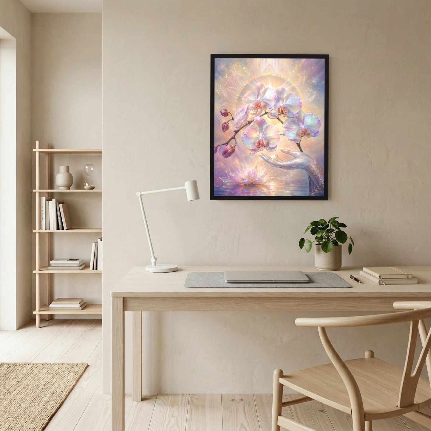 Gerahmtes Kunstposter im Hochformat mit Pastell-Orchideen, Lotus und goldener Lichthalo