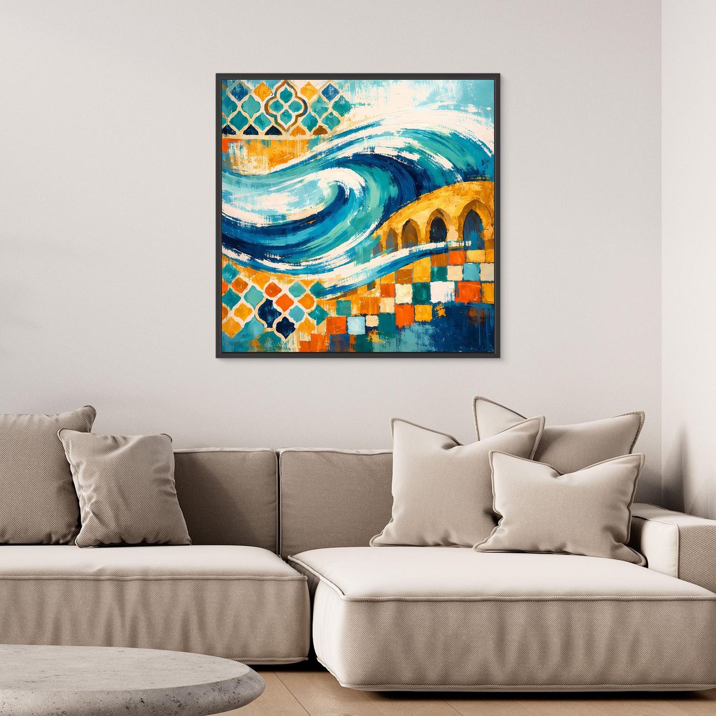 Abstraktes Leinwand-Wandbild mit Wellenverlauf und Mosaikfeldern in Blau, Grün und Gelb