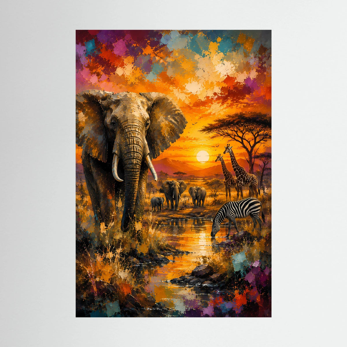 Poster im Hochformat mit Safari-Szene: Elefant, Zebras und Sonnenuntergangslandschaft