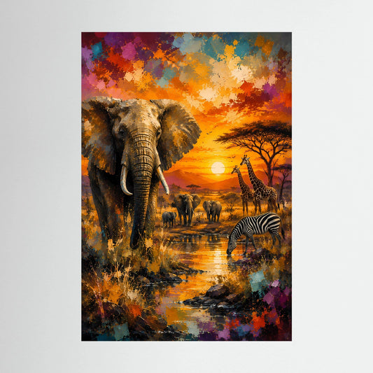 Poster im Hochformat mit Safari-Szene: Elefant, Zebras und Sonnenuntergangslandschaft
