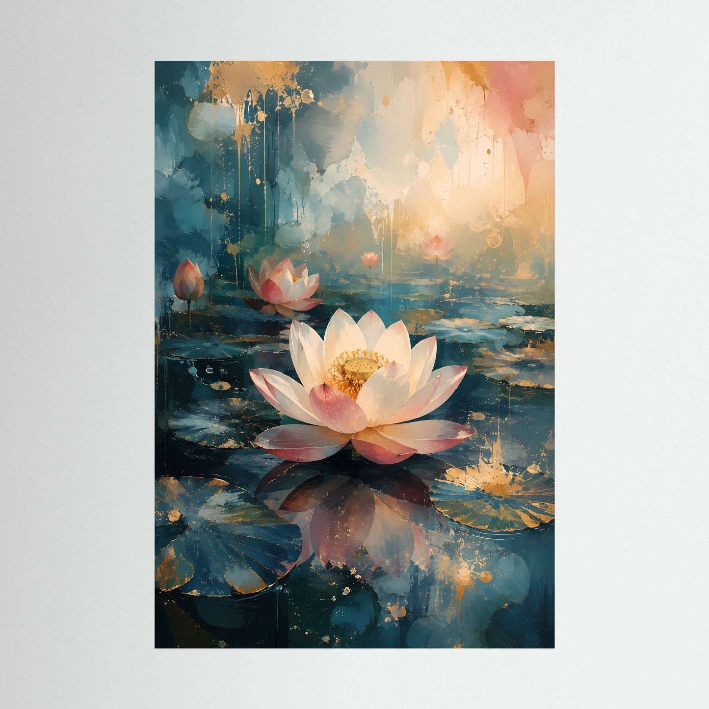 Hochformatiges Lotus-Kunstposter mit weißen und rosafarbenen Blüten auf blau-goldenem Wassermeer