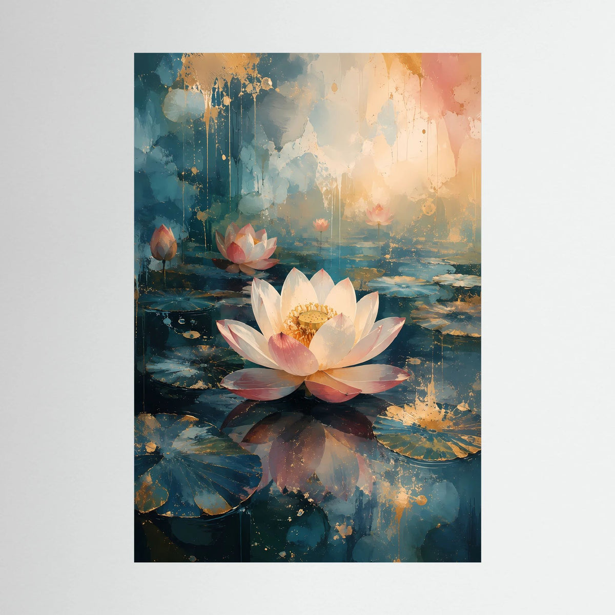 Hochformatiges Lotus-Kunstposter mit weißen und rosafarbenen Blüten auf blau-goldenem Wassermeer