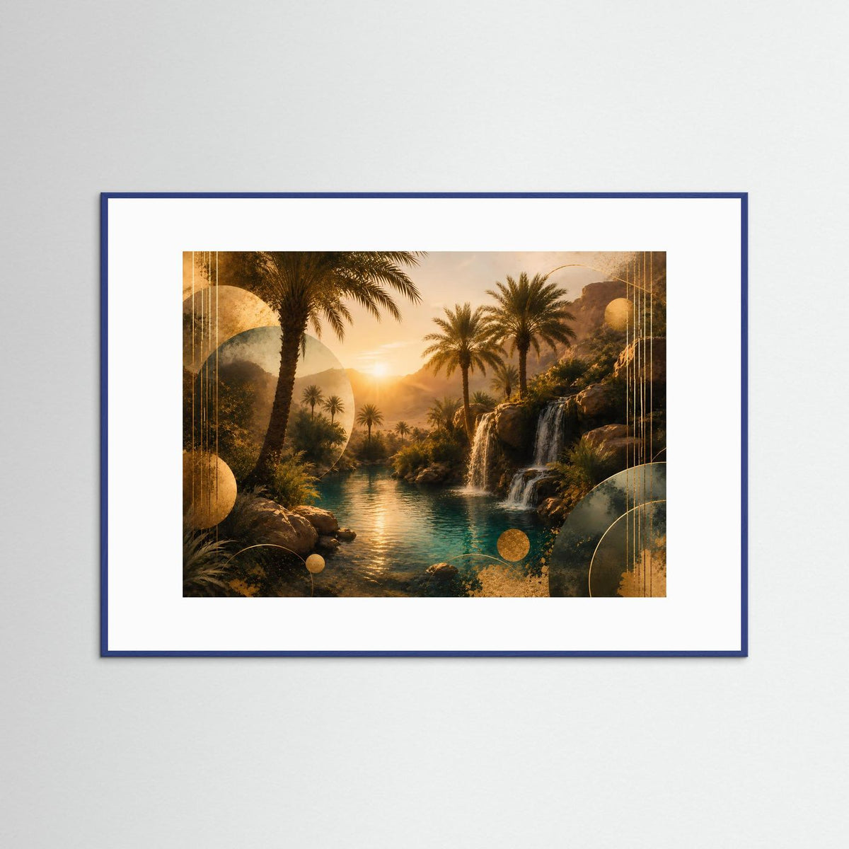 Poster im Querformat mit goldener Tropenlandschaft, Palmen und Wasserfall im türkisfarbenen Fluss, blauer Rahmen