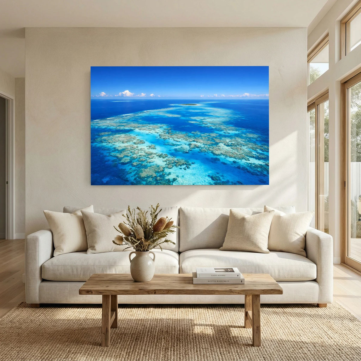 Wandbild Korallenmeer mit blauem Ozean und Korallenriff, türkisfarbene Flachwasserzonen