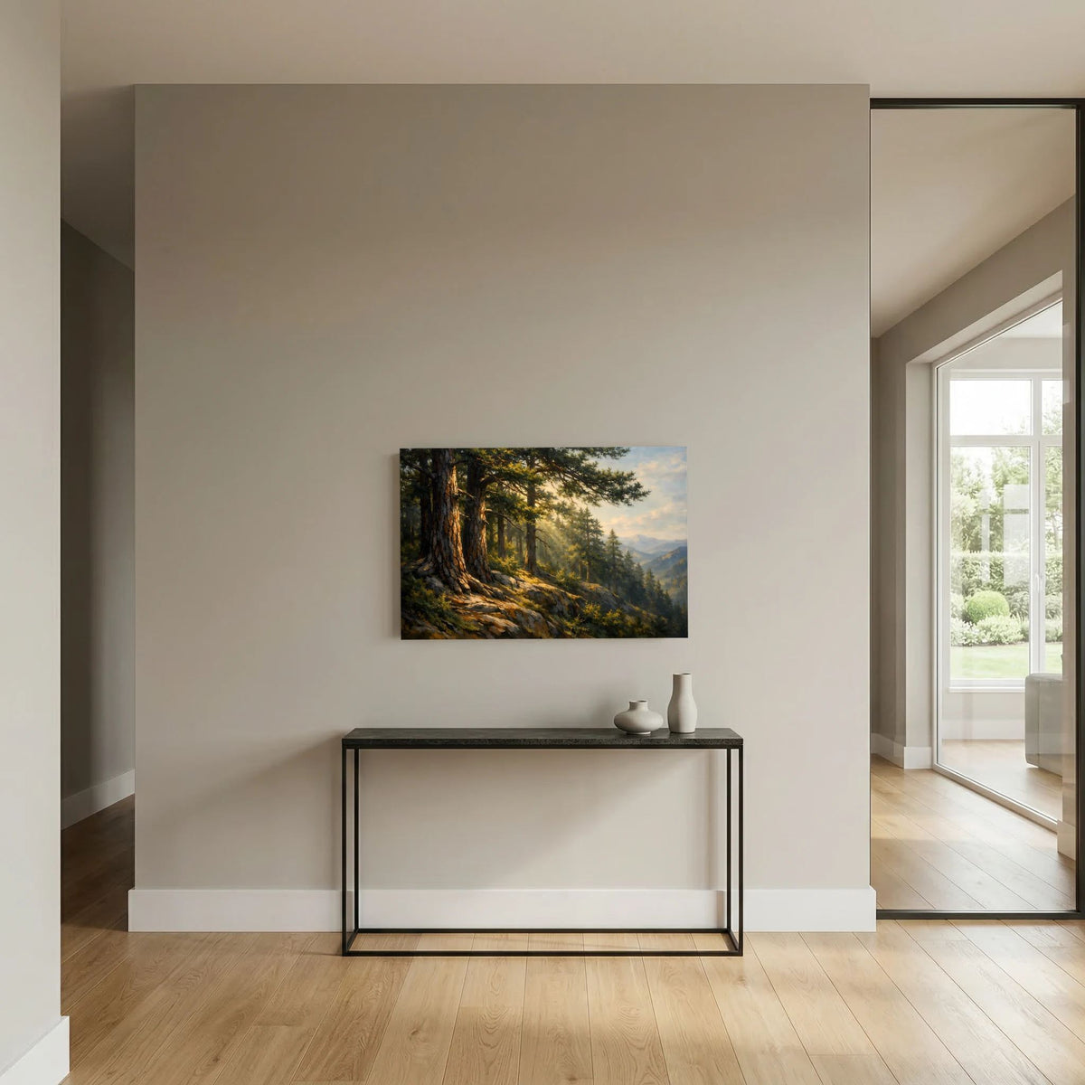 Wandbild im Querformat mit Waldszene, sanften Bergrücken und warmen Lichttönen