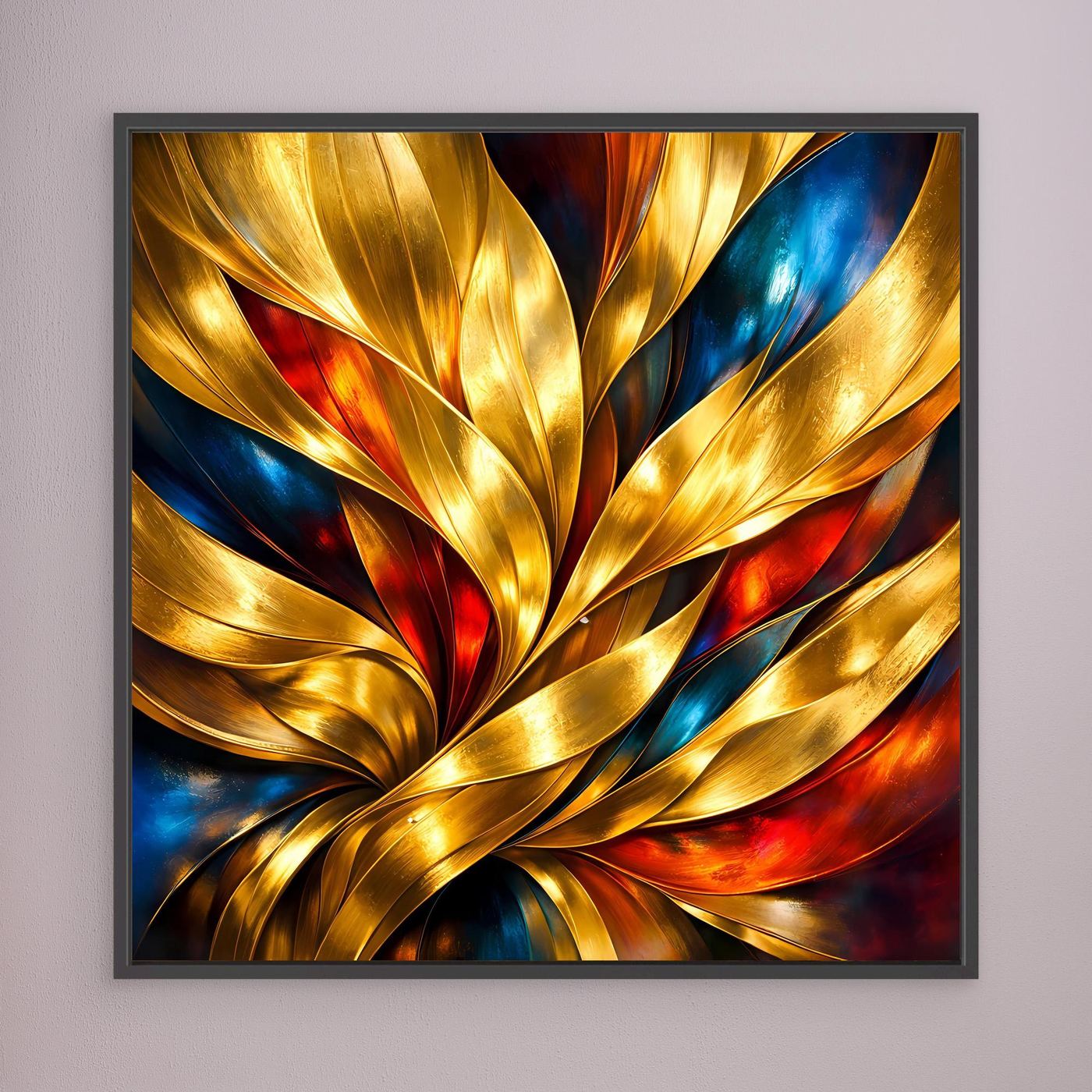 Leinwandbild mit abstrakten Goldwellen in Blau und Rot, schwarzer Rahmen
