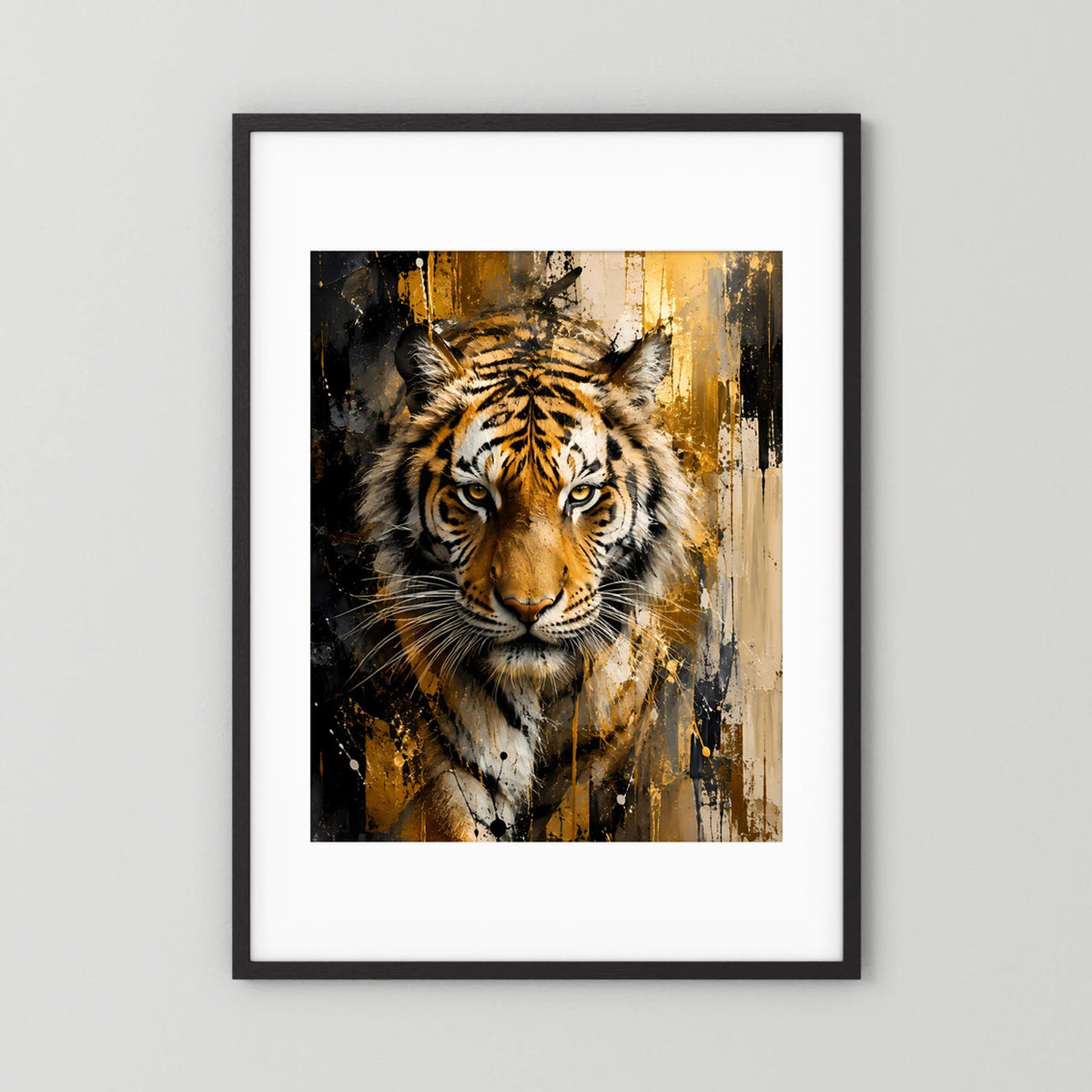 Tigerkunstposter im Hochformat mit schwarzem Rahmen und weißem Rand, Gold-Schwarz-Abstraktporträt.