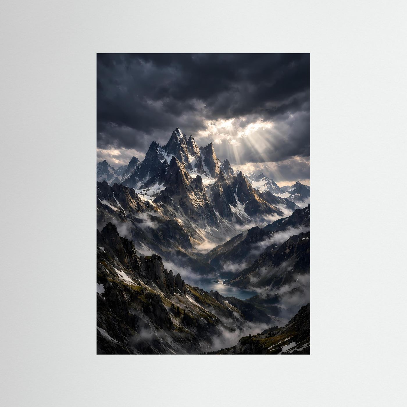 Bergsee-Wandposter im Hochformat, ohne Rahmen; Motiv mit schroffen Bergen und Wolken