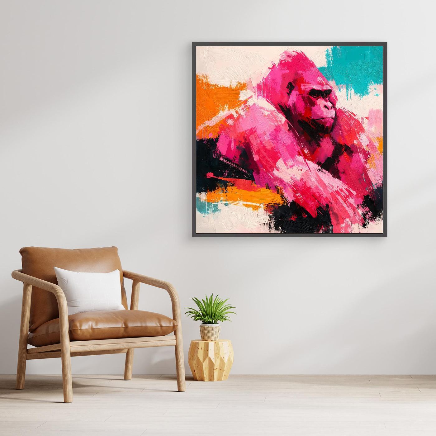 Leinwandbild mit abstraktem Gorilla in Pink-, Türkis- und Orangetönen mit schwarzem Rahmen